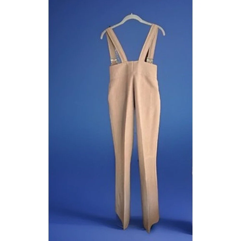 VNTG Roffe USA Womens Ski Bib Pants Wool Nylon Spandex Beige 1980s 12 W28” L30